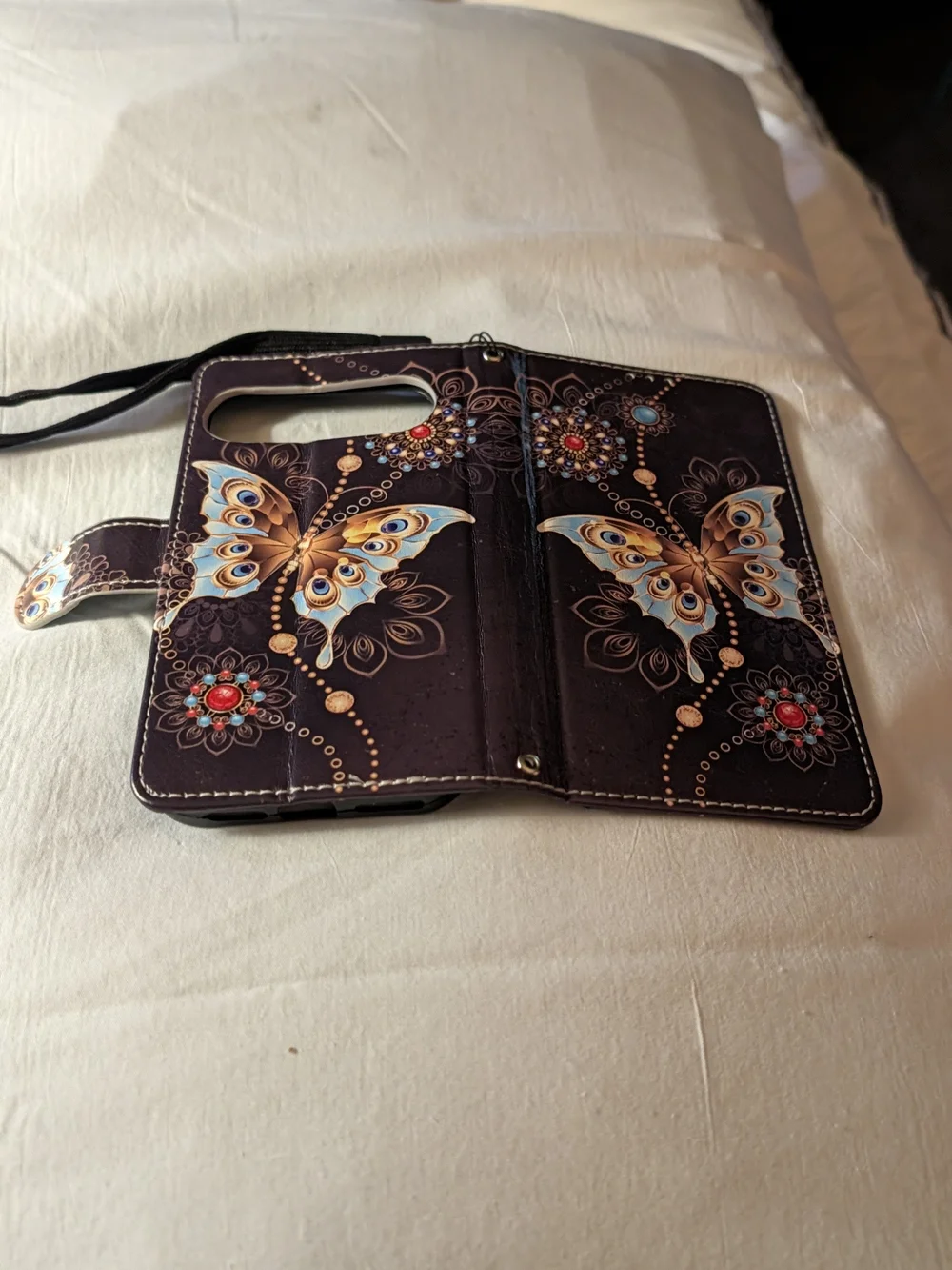 Purple Butterfly Wallet Phone Case with Wrist Strap